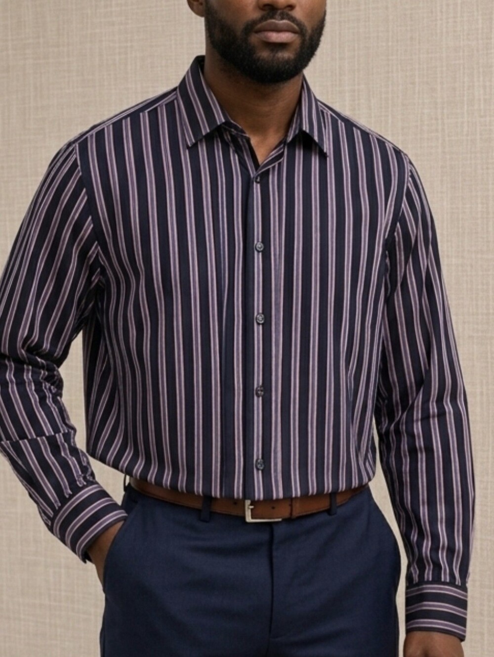 ​Perry Ellis Men's Long Sleeve Button Up Shirt Large Navy Pink Striped.